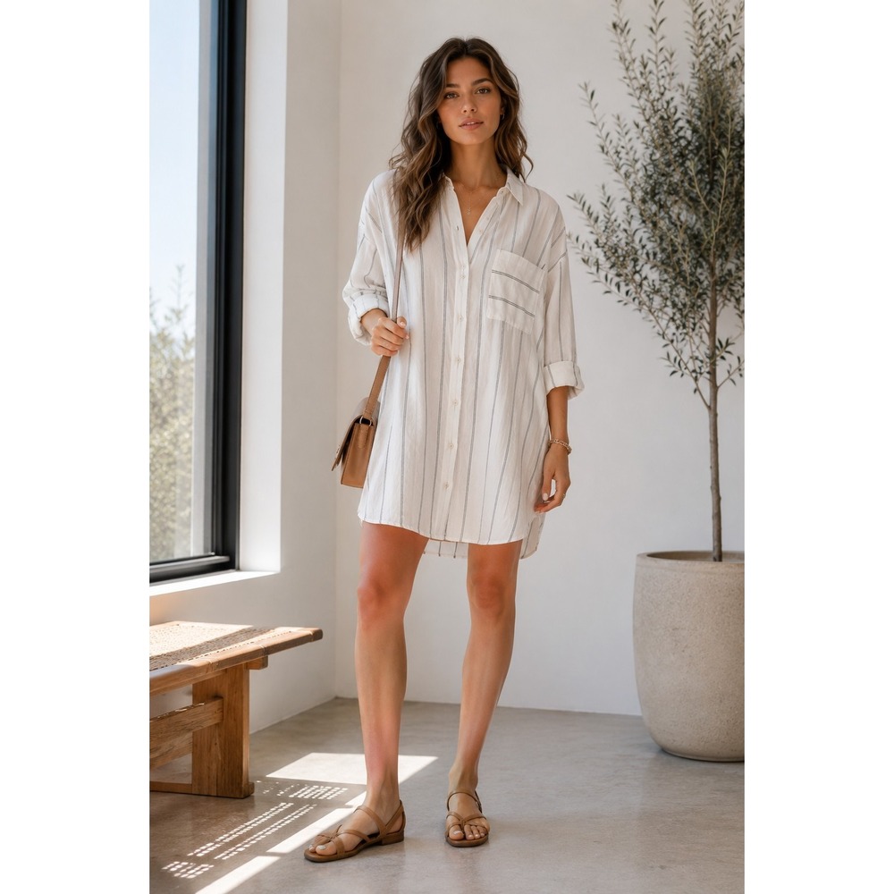 ATM NWT Striped Cotton Shirt Dress Oversized Pocket Tunic $375 Coastal Luxury